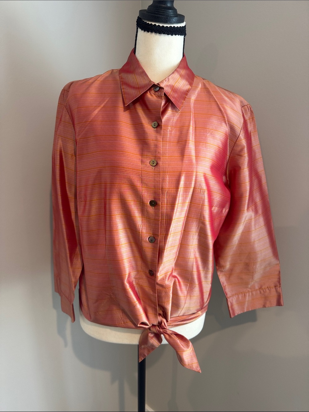 Ann Taylor Shimmer Tie-Front Button Down Blouse - Pink & Orange 100% Silk